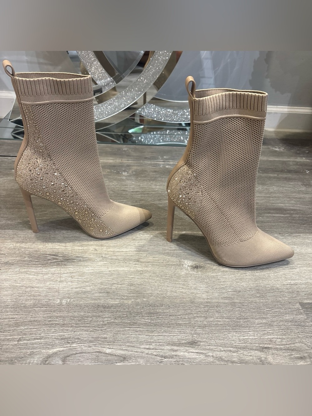 Knit Pointed-Toe High Heel Ankle Boots in Nude